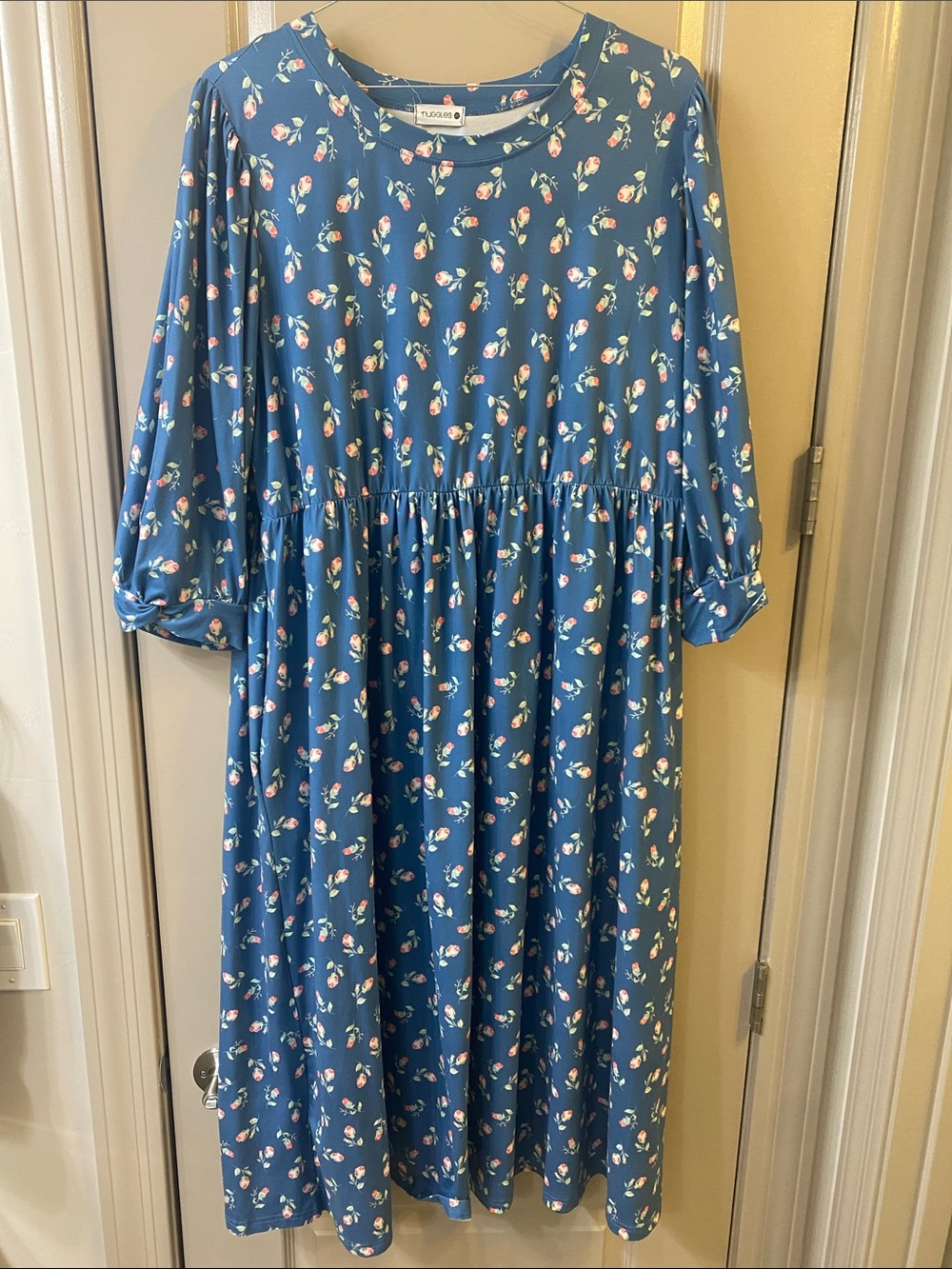 Blue Floral Dress with Gathered Waist